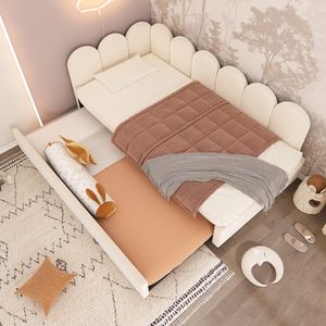 Merax Polsterbett 90x200 cm mit Ausziehbett, Tagesbett Kinderbett mit Samtbezug & Gitterdesign – Inkl. Rollbett (90x190 cm), ohne Matratze, Beige