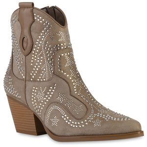 VAN HILL Damen Cowboy Boots Stiefelette Spitz Strass Schuhe 840898, Farbe: Khaki, Größe: 38