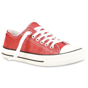 Mytrendshoe Damen Glitzer Sneakers Low Schnürer Freizeit Canvas Schuhe 811032, Farbe: Rot, Größe: 38
