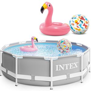Intex 305x76 cm Prism Metal Frame Swimming Pool Schwimmbecken mit Extra-Zubehör wie: Schwimmreifen und Strandball