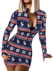 Damen Schneeflocke Print Mini Kleider Urlaub Gegen Hals Kurze Kleider Bodycon Weihnachten, Farbe:Navy Blau, Größe:M