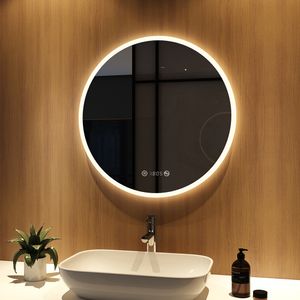 Meykoers LED Spiegel Rund 70 cm Lichtspiegel Multifunktionaler Spiegel Zeit und Temperaturanzeige mit Entfogging-Funktion Spiegel
