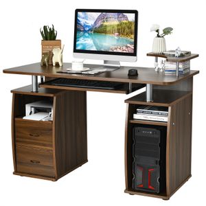 COSTWAY Počítačový stôl so zásuvkou na klávesnicu a zásuvkami, stolová doska na tlačiareň, kancelársky stôl pracovný stôl PC stôl hnedý