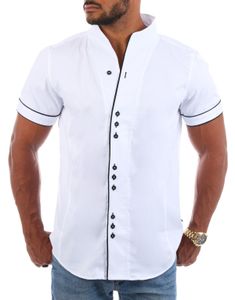 Carisma Herren Uni kurzarm Stehkragen Hemd Freizeit Casual einfarbig Basic Shirt körperbetont 9118 / 9119 , Grösse:XL, Farbe:Weiß / Schwarz