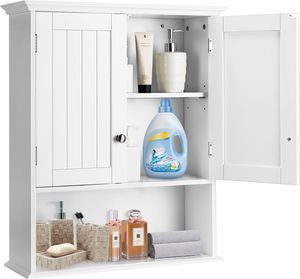 Koupelnová skříňka závěsná dřevěná, koupelnová skříňka s otevřenou policí, koupelnová skříňka závěsná s dvířky a nastavitelnou policí, koupelnová skříňka do kuchyně 60x19x71 cm (bílá)