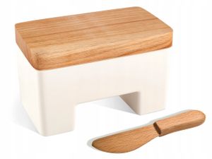 Go Practic Intelligente Butterdose ohne Kühlschrank mit Holzmesser | Aufbewahrungsbox für Küche aus Buchenholz & Kunststoff | Butterdose mit Wasserkühlung | Behälter Aufbewahrungsbox mit Deckel für Butter Weiss