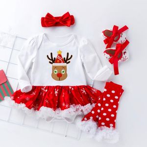Baby 4 STÜCKE Mädchen Weihnachten Kleid+Socken+Stirnband+Schuhe Babykleider,Farbe:Reh,Größe:59(0-3M)