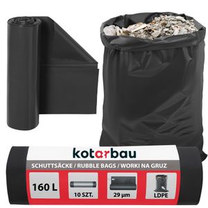 KOTARBAU® Wytrzymałe worki na śmieci 160 L 29µm LDPE Worki na odpady budowlane Bardzo mocne duże worki na śmieci Wytrzymałe bardzo mocne worki na śmieci o pojemności 160 litrów Duże wytrzymałe worki na odpady budowlane Worki na śmieci