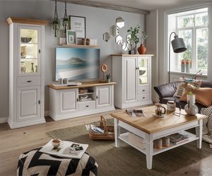 Wohnmöbel Set weiß ESBJERG-69 Landhausstil in Kiefer weiß lackiert mit Eiche massiv 5-teilig