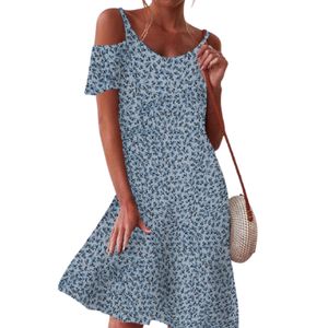 Damen-Blumendruck Schulterfreies Midikleid A-Linie Unterkleid Sonnenkleid,Farbe:Blau,Größe:Xxl