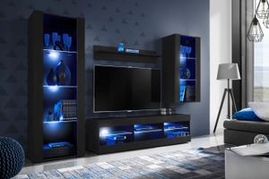 Komodee | Wohnwand mit TV-Schrank und Vitrine Tivoli Set Medio, Korpus Schwarz Matt Frontfarbe Schwarz Matt, LED Blau