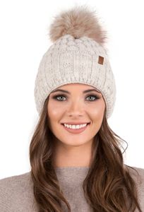 Vivisence damen bommelmütze, warm und gemütlich kopfbedeckung an winter und herbst,  wintermütze mit bommel, warm dick strickmütze, klassisch mütze für frauen, hergestellt in der eu, beige, einheitsgr