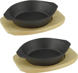 Servierpfanne Ø 19 cm aus Gusseisen mit Holzuntersetzer 2 Stück im Set