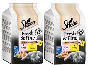 SHEBA Portionsbeutel Multipack Fresh & Fine in Sauce mit Lachs MSC und mit Huhn 2 x 6x50g