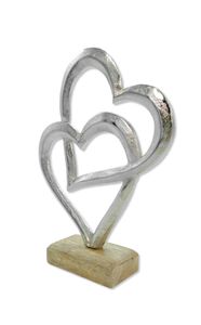 Metall Figur zwei Herzen auf Holz-Fuß 15 x 20cm Dekofigur Tisch-Deko Metallherz Skulptur