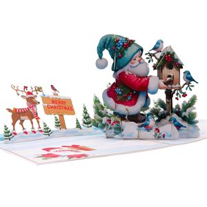 3D Pop-Up Weihnachtskarte - Weihnachtsmann füttert Vögel im verschneiten Wald