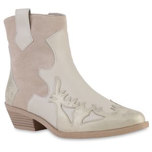 VAN HILL Damen Cowboy Boots Stiefeletten Spitze Schuhe 840901, Farbe: Beige Gold, Größe: 38