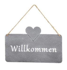 Schild Willkommen 25x16cm Außen Garten-Deko Grau Herz Eisen Türschild Wandbild