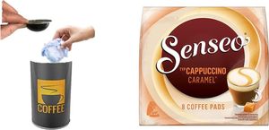 Senseo® Kaffeepad, CAPPUCCINO CARAMEL, harmonisch, koffeinhaltig +Tisch Abfallbehälter ohne Deckel mit Ø 8,5 x 9 cm, 0.5 Liter Tischreste-Mülleimer