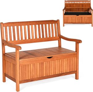 COSTWAY Dřevěná zahradní lavička s úložným prostorem, dřevěná lavička pro 2 sedadla, parková lavička s opěradlem a područkou, úložná lavička 360 kg pro terasu, zahradu, balkon, dvůr, obývací pokoj