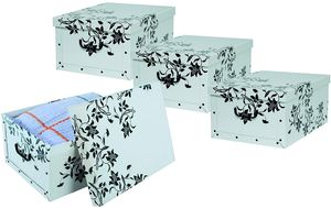 Set 4 x Deko Karton "Barock Weiß" in Weiß mit schwarzer Blumenranke. Maße : ca. 51 x 37 x 24 cm