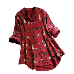 Damen Hemd mit Katzen-Print Langarm T-Shirt mit Knopfleiste Strickjacke,Farbe: Rotwein,Größe:S
