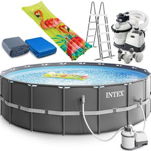 Intex Ultra Frame Swimming Pool 549x132 cm Schwimmbecken Stahlrahmen Komplett-Set mit Filterpumpe, Bodenplane und Abdeckplane sowie Extra-Zubehör wie: Luftmatratze