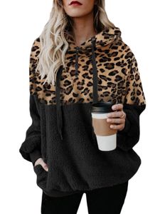 Damen Winter Pullover Fuzzy Oversize Sweatshirt Kapuzenpullover Hooded Leopard Tops mit Taschen