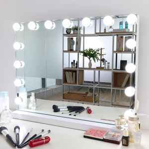 Fine Life Pro Hollywood Kosmetikspiegel Spiegel mit Beleuchtung, mit USB, 3 Farbtemperatur Licht, 15 Dimmer-LED-Leuchten, Touch-Steuerung Schminkspiegel Hollywood-Stil, Weiß 58 x 46cm