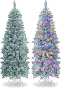 COSTWAY 150cm künstlicher Weihnachtsbaum Bleistift, LED Tannenbaum mit Beleuchtung, schlanker Christbaum mit mehrfarbigen Lichtern, Kunstbaum mit Metallständer für Weihnachten, Grün+Weiß