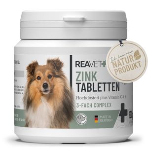 REAVET Zink Tabletten für Hunde 120 Stück – Hochdosiert mit Vitamin C & E – Zinktabletten Plus Vitamine bei trockener Haut, Haarausfall, Zink Hund für Krallen & Fell
