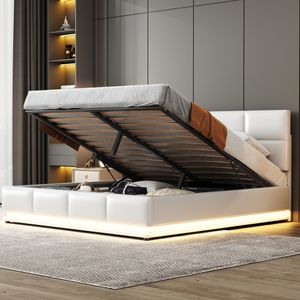 Flieks Čalúnená posteľ s LED, hydraulická posteľ Boxspring 160x200cm s lamelovým rámom, úložný priestor, manželská posteľ Drevená posteľ z umelej kože