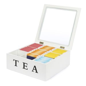 Van Henry Teebox Teekiste aus Holz mit 9 Fächern und Sichtfenster - Teebeutel Aufbewahrungsbox Weiß
