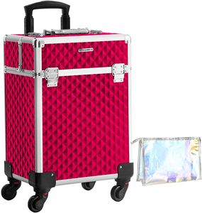 SONGMICS Kosmetikkoffer, Trolley, Make-up Koffer, Schminkkoffer, mit Griff, mit 4 Universalrollen, mit 4 ausziehbaren Fächern, für Reisen, rot JHZ013R01