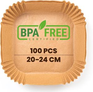 Leap Backpapier für Heißluftfritteuse 100 Stück BPA-frei, 20-24 cm, Airfryer Backpapier Antihaft Wasserdicht Ölfest Einwegschalen Luftfritteuse Pergamentpapier Liner für 4.7L - 7.3L2, Quadrat
