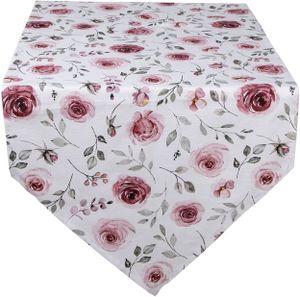 Clayre & Eef Tischläufer 50x160 cm Weiß Rosa Baumwolle Rosen