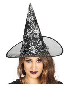 Schwarzer Hexenhut mit Spinnweben Design für Halloween & Fasching