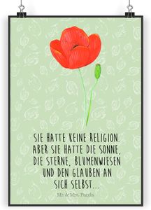 Mr. & Mrs. Panda Poster Blume Mohnblume DIN A5 - Blattgrün - Geschenk, Blumen Deko, Selbstliebe, Respekt, Wanddekoration, Blumen, Posterdruck, Wanddeko Bild, Bild