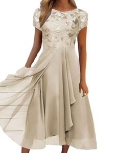 Damen Abendkleider Spitze Langes Kleid Elegantes Ballkleid Rüschen Maxi Kleider Gold,Größe 3XL