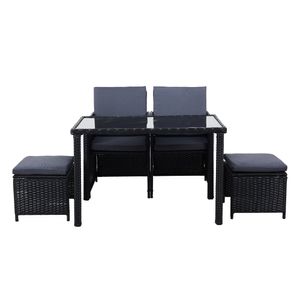 AREBOS Poly Rattan 5tlg. Sitzgruppe, Gartenmöbel Set, 2 Stühle, 2 Hocker, 1 Tisch, Schwarz
