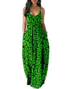 Maxikleider Damen Kürbis Gedruckte Dresses Party Mit Taschen Sommer Strand Ärmelloses Langes Kleid,Farbe:Bildfarbe 9,Größe:L