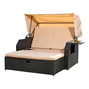 Mucola Strandkorb Rattan Sonnenbett mit verstellbarem Dach Polyrattan Sonnenliege Liegebett Relaxliege Gartenliege Gartenmöbel - Schwarz