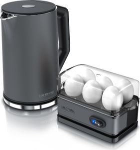 Arendo Frühstücksset, 6er Eierkocher SIXCOOK, 1,5L Edelstahl Wasserkocher, Grau