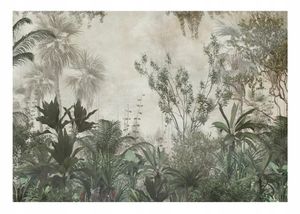 Vlies Fototapete Dschungel Vintage Betonoptik Blätter Pflanzen (368x254 cm - inkl. Kleister) Wohnzimmer Schlafzimmer Modern Vliestapete Tapete