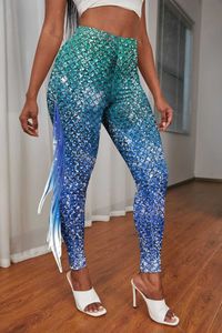 Damen Meerjungfrau Leggings Gr. L Hohe Taille Fischschuppen Strumpfhosen Halloween Kostüm Skinny Hose Mermaid Trousers