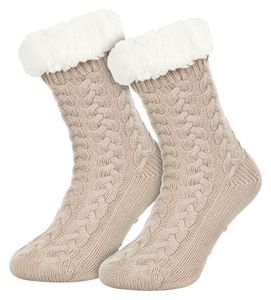 Tobeni 1 Paar Damen Hüttensocken ABS Socken Kuschelsocken mit Anti-Rutsch Noppen Sohle, Farbe:Beige, Grösse:One Size