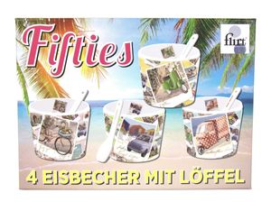 Eisbecher Set im Geschenkkarton / Retrodesign / Porzellan / 8-teilig mit 4 Bechern + 4 Löffel (Fifties)