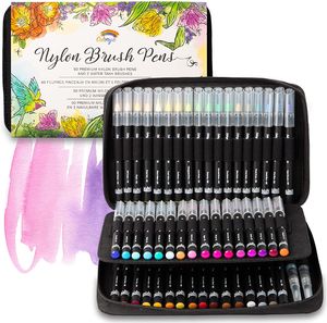Brush Pen Set - 50er Pinselstifte Set von Colorya mit Nylonspitze + 2 Wassertankpinsel und Tragetasche, Perfekt für Malbücher für Erwachsene, als Handlettering Stifte für Kalligraphie, Manga Stifte Filzstift