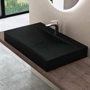 doporro Design Aufsatzwaschbecken Hängewaschbecken Mineralguss Waschbecken BTH: 80x48x10 cm Matt schwarz Gussmarmor Waschtisch Waschplatz Colossum810