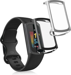 kwmobile 2x Schutzhülle kompatibel mit Fitbit Charge 6 / Charge 5 Hülle - Fullbody Cover Set aus Silikon - Schwarz Silber